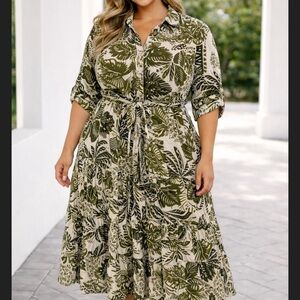 Mlle Gabrielle Green and White Leaf Pattern cotton dress